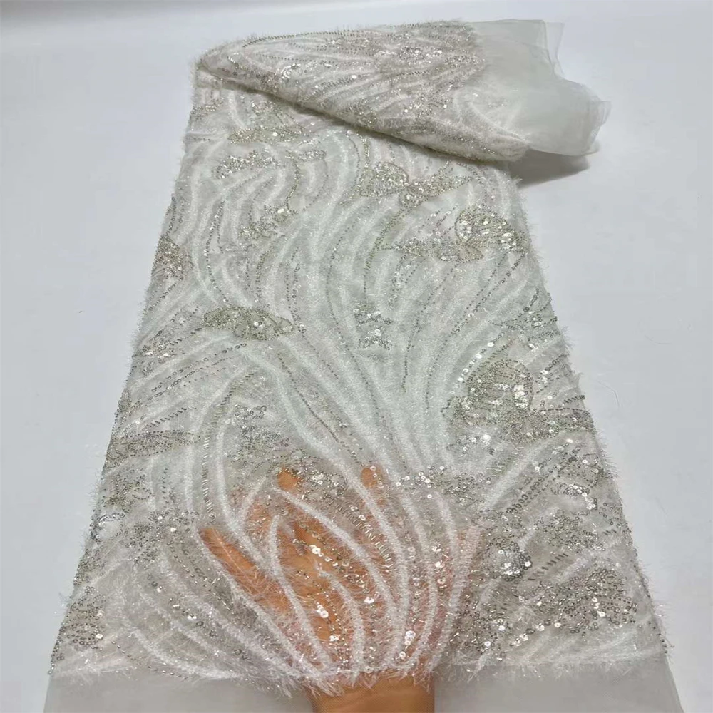 

SJ Lace Luxury High Quality 2022 African Sequins Fabric With Heavy Beaded Embroidered French Organza Net Mesh Lace Dress hx-0440