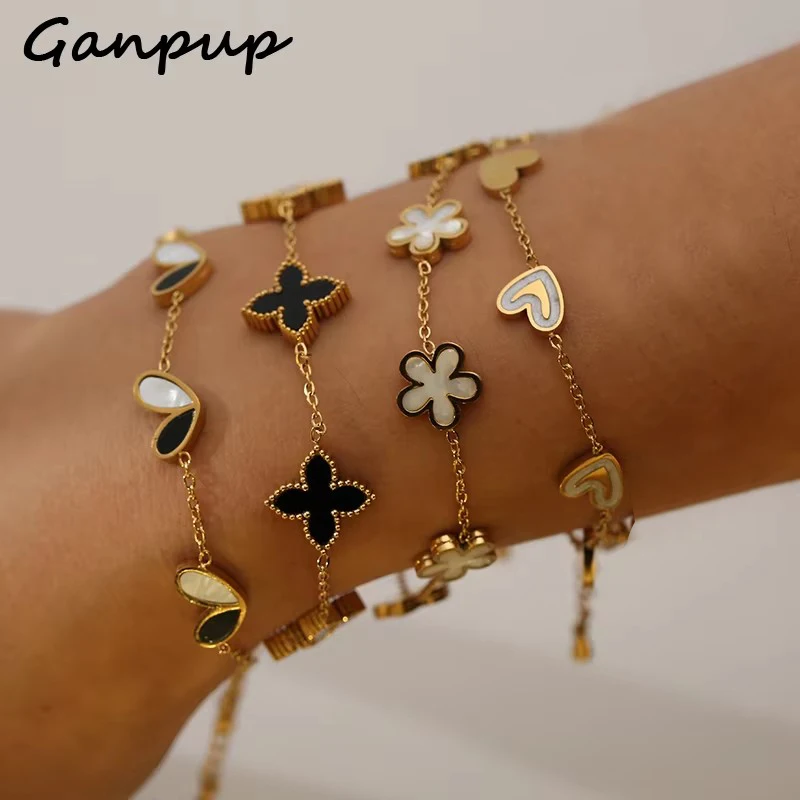 GANPUP 316L Edelstahl Metall Gold Farbe Blume Herz Armband Armreif Textur Schmuck Trendy Handgelenk Kette für Frauen Männer Neue
