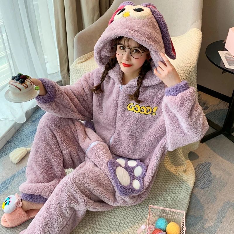

Winter Kigurumis Couples Onesie Sleepwear Women Men Kawaii Cartoon Thicken Jumpsuits Pajama Zipper Soft Plush Leisure Wear