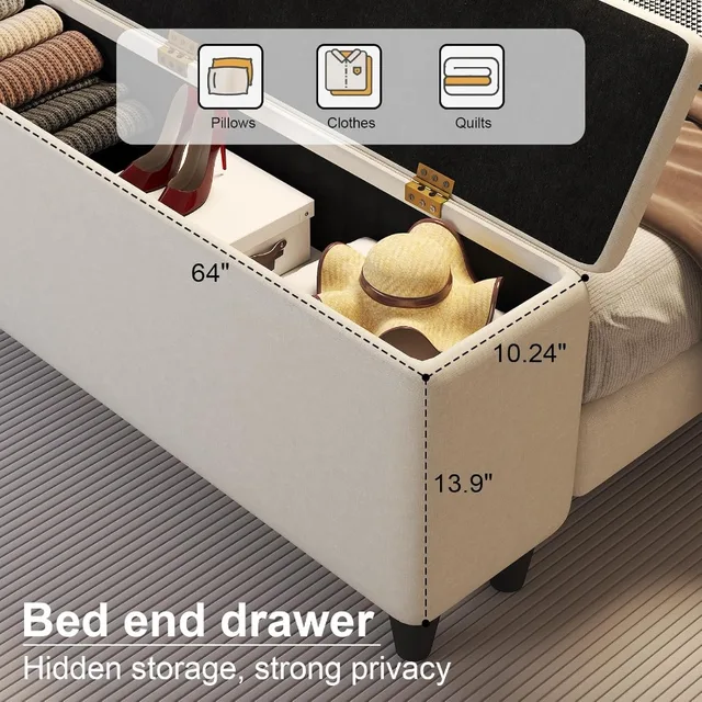 Queen Upholstered Bed Frame with Ottoman Storage & LED 4