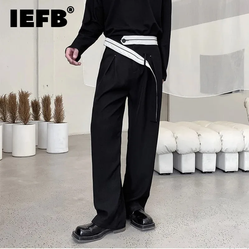 

IEFB Men Suit Pants Casual Korean Style Contrast Color Belt Design Simple Fashion Wide Legs Male Trousers 2024 New Stylish C5708