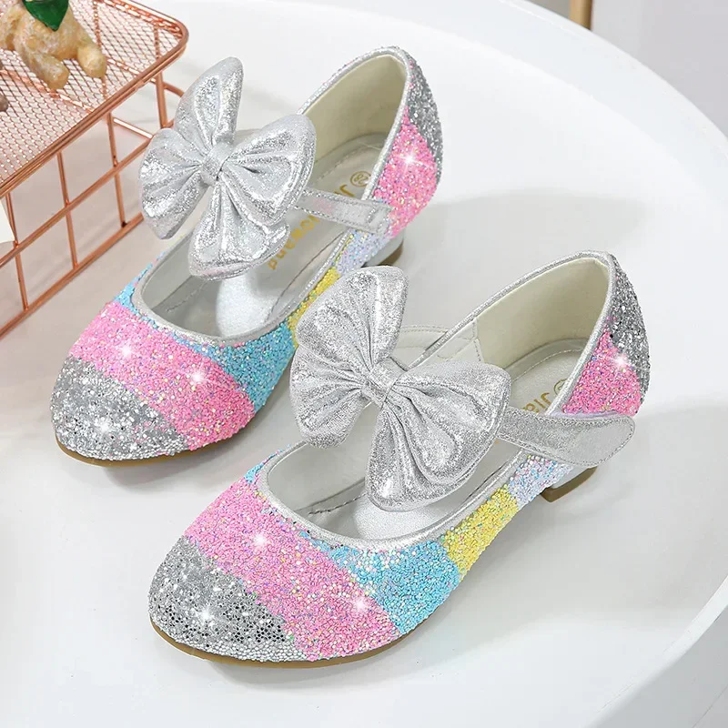 Girls' Leather Shoes Princess Rainbow Stripes Children Shoes Round-Toe Soft-Sole Big Girls High Heel Princess Crystal