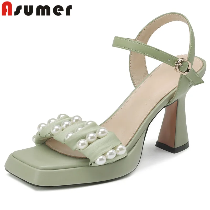 

ASUMER 2024 New String Bead Genuine Leather Platform Sandals Thick High Heels Sandals Buckle Ladies Wedding Women Shoes