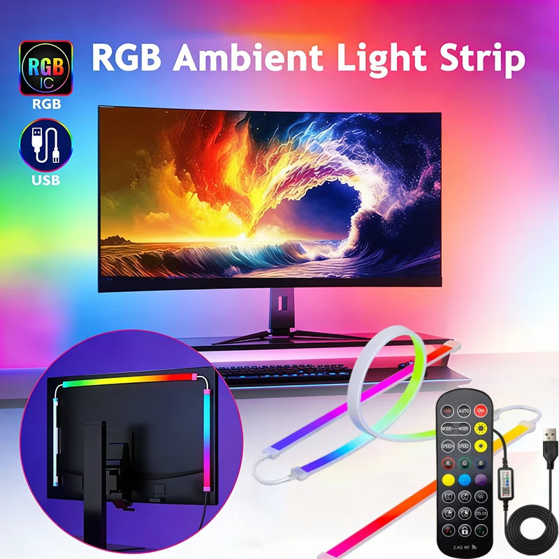 Bande lumineuse LED USB RGB-IC pour PC, synchronisation musicale, éclairage d'ambiance pour moniteur, lampe magique multicolore pour la décoration de salle de jeu