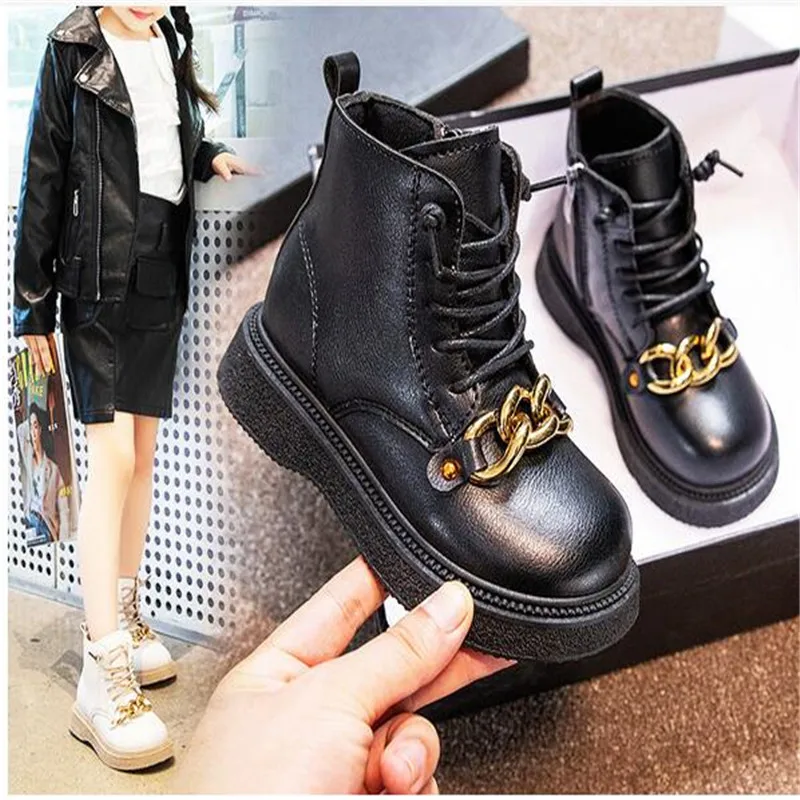 

Children's 2023 autumn and winter style plus velvet cotton boots boys and girls metal chain middle boots