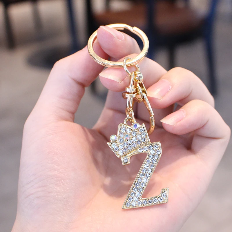 26 Initial Letter Rhinestone Keychain For Women Charm Crystal Crown Gold Plated Key Ring Bag Car Key Chains DIY Accessoreis