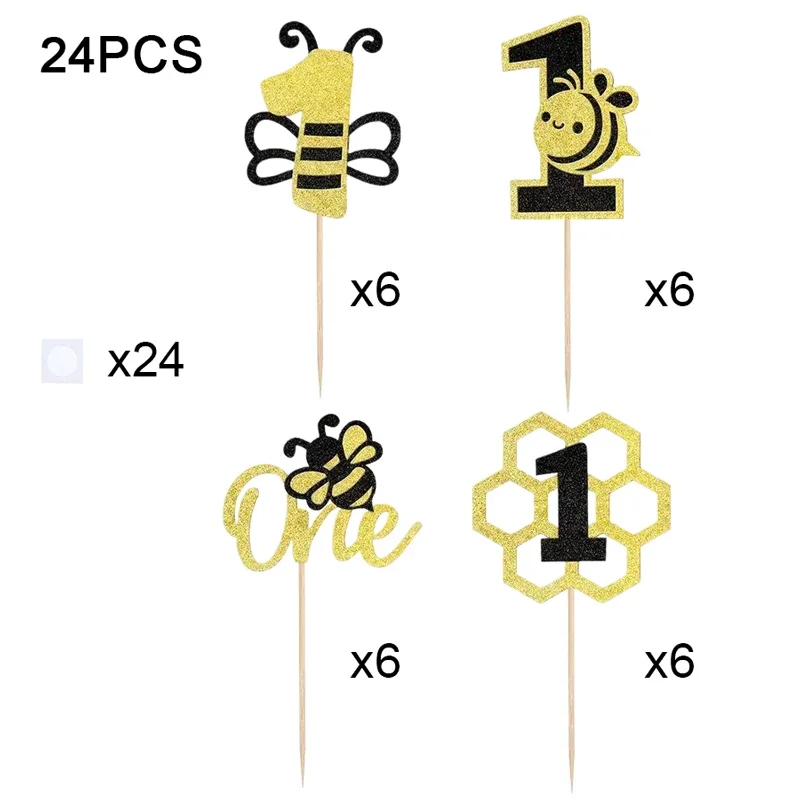 NUBECOM 24 Adet Arı Tema Kek Topper Glitter Bir Cupcake Toppers Dünya Arı Günü için Kek Dekorasyon Bebek İlk Doğum Günü Dekorasyon