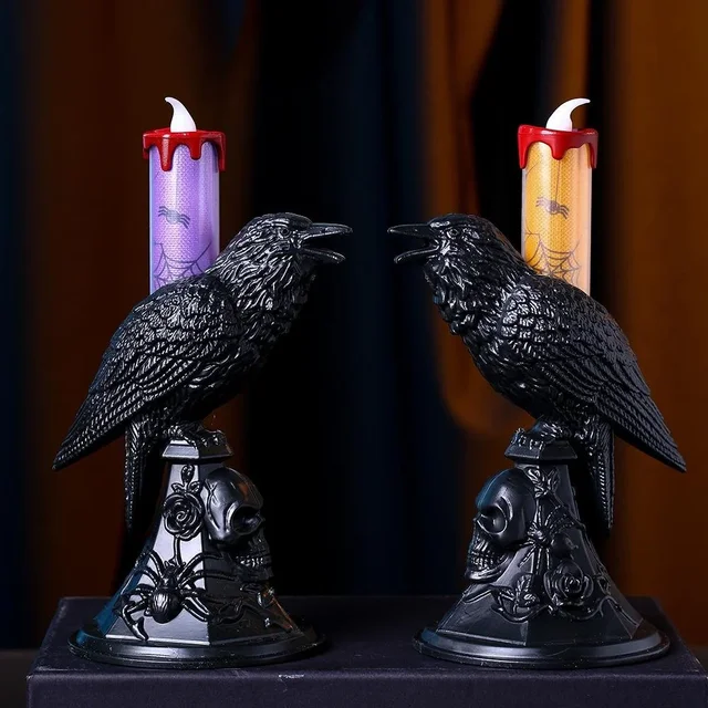 New Black Crow Statue Glowing Candlestick LED Candles Lights Halloween Home Decorations Table Lamp Scary Ornaments Home Supplies 3