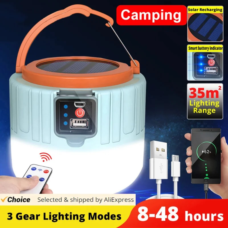 

High Power Solar LED Camping Light USB Rechargeable Bulb for Outdoor Tent Lamp Portable Lantern Emergency Lights for BBQ Hiking
