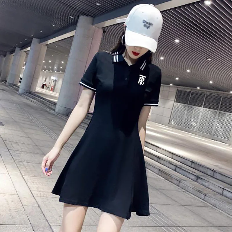 

Cotton Versatile Thin Polo Neck Dress Spring/Summer New Korean Edition Waist Slim Fit Short Skirt Sporty A-line Dress