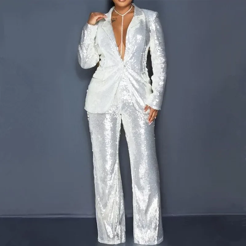 

Fashion Solid Women 2 Pieces Sets Blazer Pant Suits Spring 2023 Long Sleeve Sequins Blazer Coat High Waist Wide Leg Pants Female