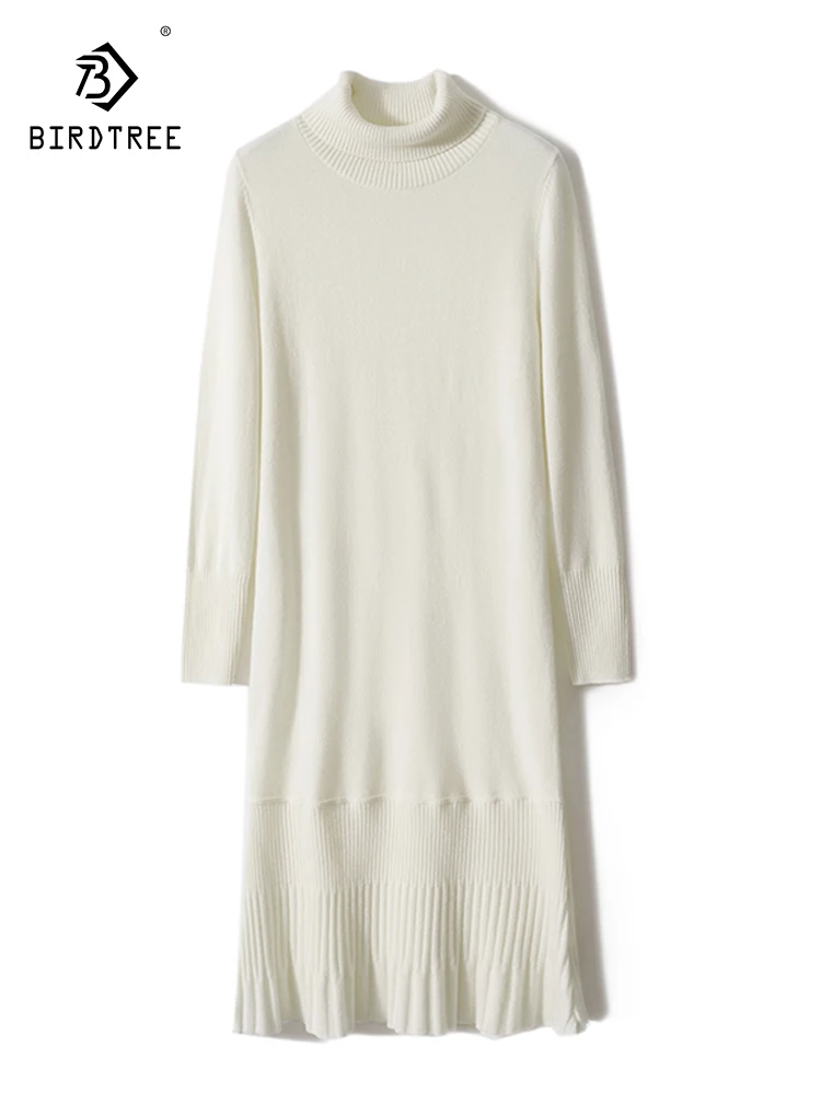 

Birdtree 100%Sheep Wool Elegant Knitted Dress For Women Vinatge Long Sleeve Casual Warm Gentle Dress Autumn Winter New D3N349QC