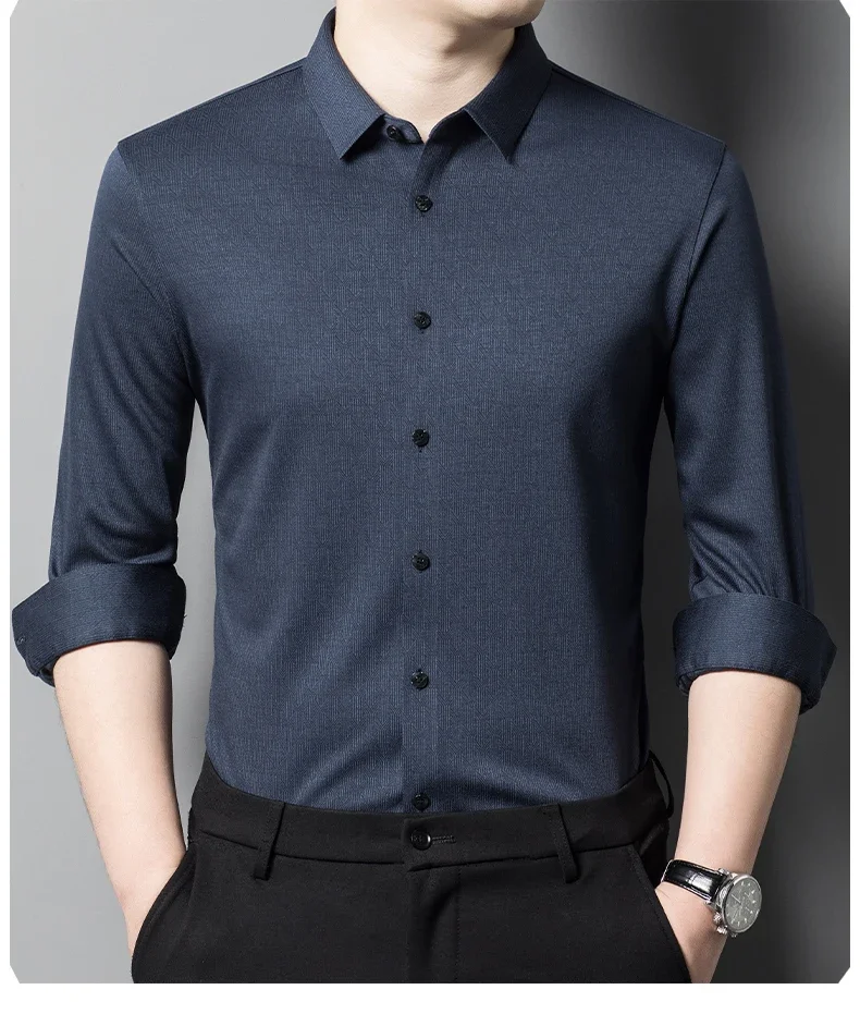 Seamless Wool Men's Dress Shirts Luxury Solid Color Long Sleeve Business Casual Single Breasted Male Shirts Plus Size 4XL