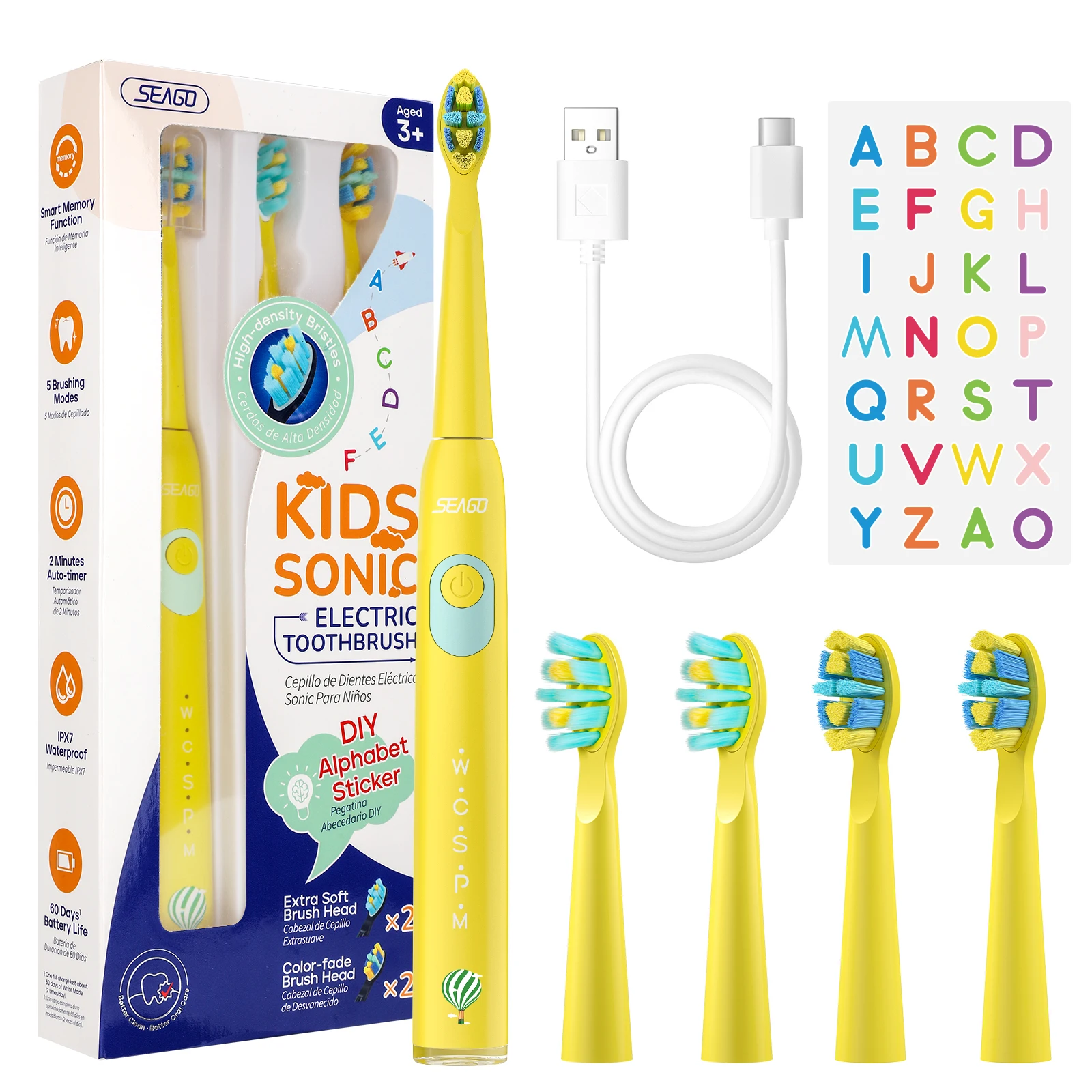 Kids Electric Toothbrush Seago Kids Electric Toothbrush for 6+Years 5 Modes Rechargeable IPX7 Waterproof Power Sonic Toothbrush Replacement Head SG-2303