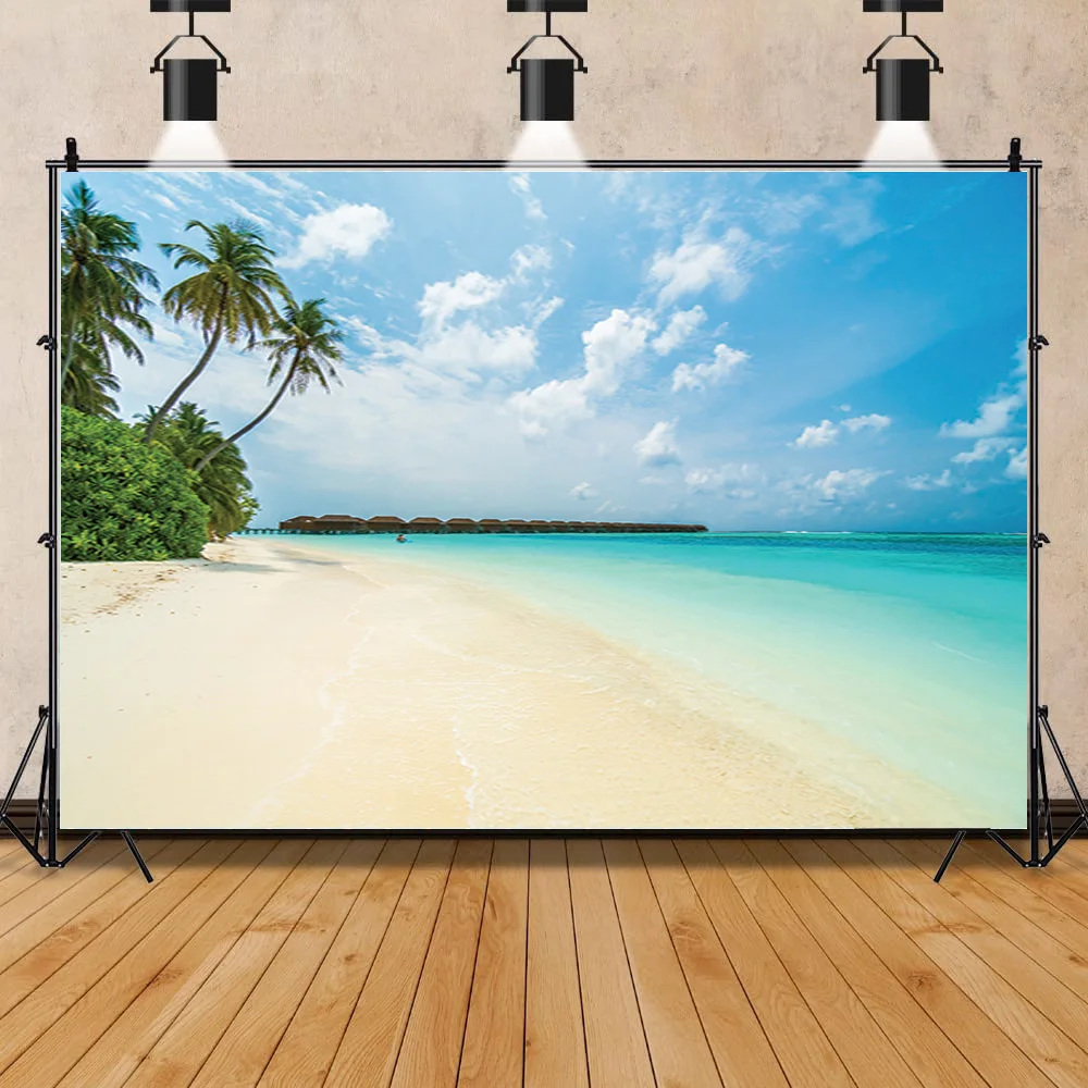 

Vinyl Sandy Beach Holiday Summer Digital Photography Backdrop Prop Coconut Tree Landscape Window Photo Studio Background JK-16
