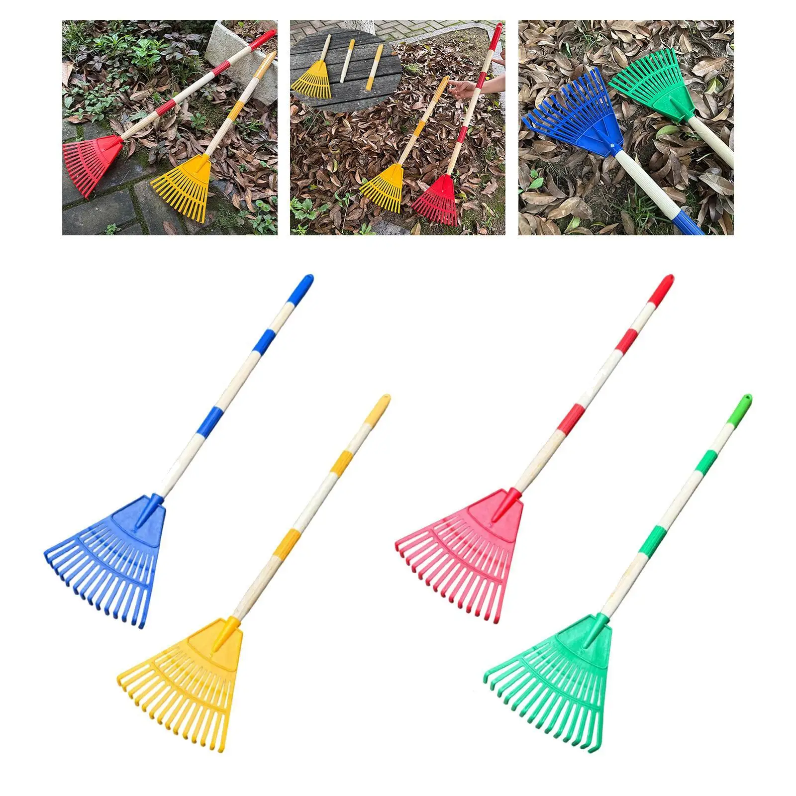 Small Leaf Rake with Long Handle 14 Spikes 3 Sections Quick Clean up Steel Farming Home Gardening Tool for Flower Beds Shrub