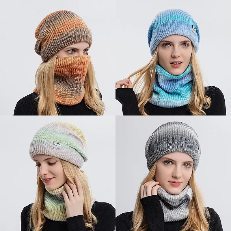 

Brand Winter Knitted Beanies Hats Women Thick Warm Beanie Skullies Hat Female Gradient Bonnet Beanie Caps Outdoor Riding Sets