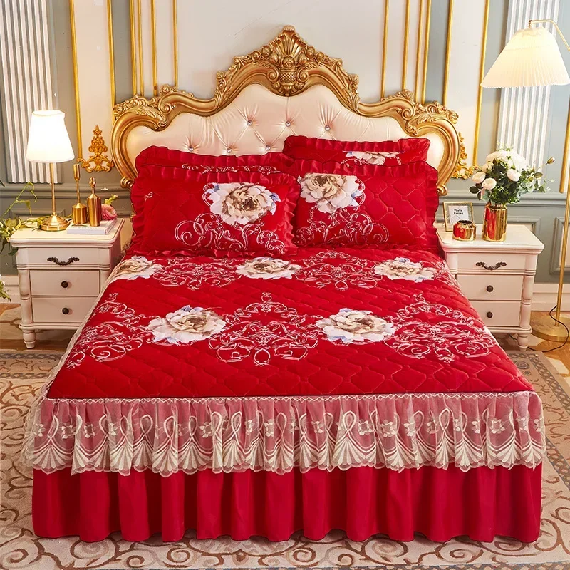 Princess Lace Quilted Bed Sheets Crystal Cute Thick Cotton Warm Velvet Wedding Bedspreads with Skirt King Queen Size bedding set bed skirt