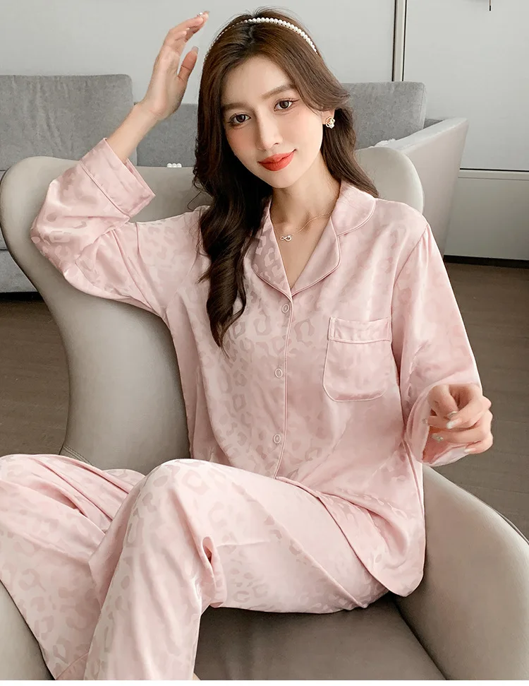 V Neck Nightwear Sleep Set Pajamas Ice Silk Printing Long Sleeve Homewear  Sleepwear Shirt Pant Outside 2Pcs Loose Homewear - AliExpress