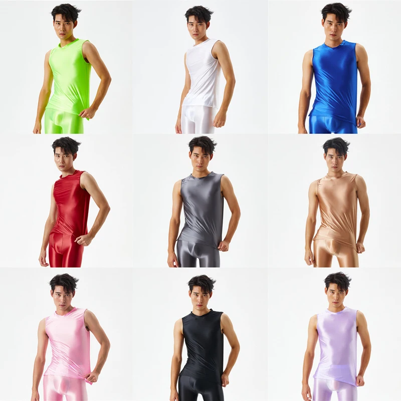 

Men Sexy Oil Glossy Silky High Elasticity Thin Sleeveless Vest Undershirts Gay Sissy Club Wear Erotic Underwear Fetish Wear