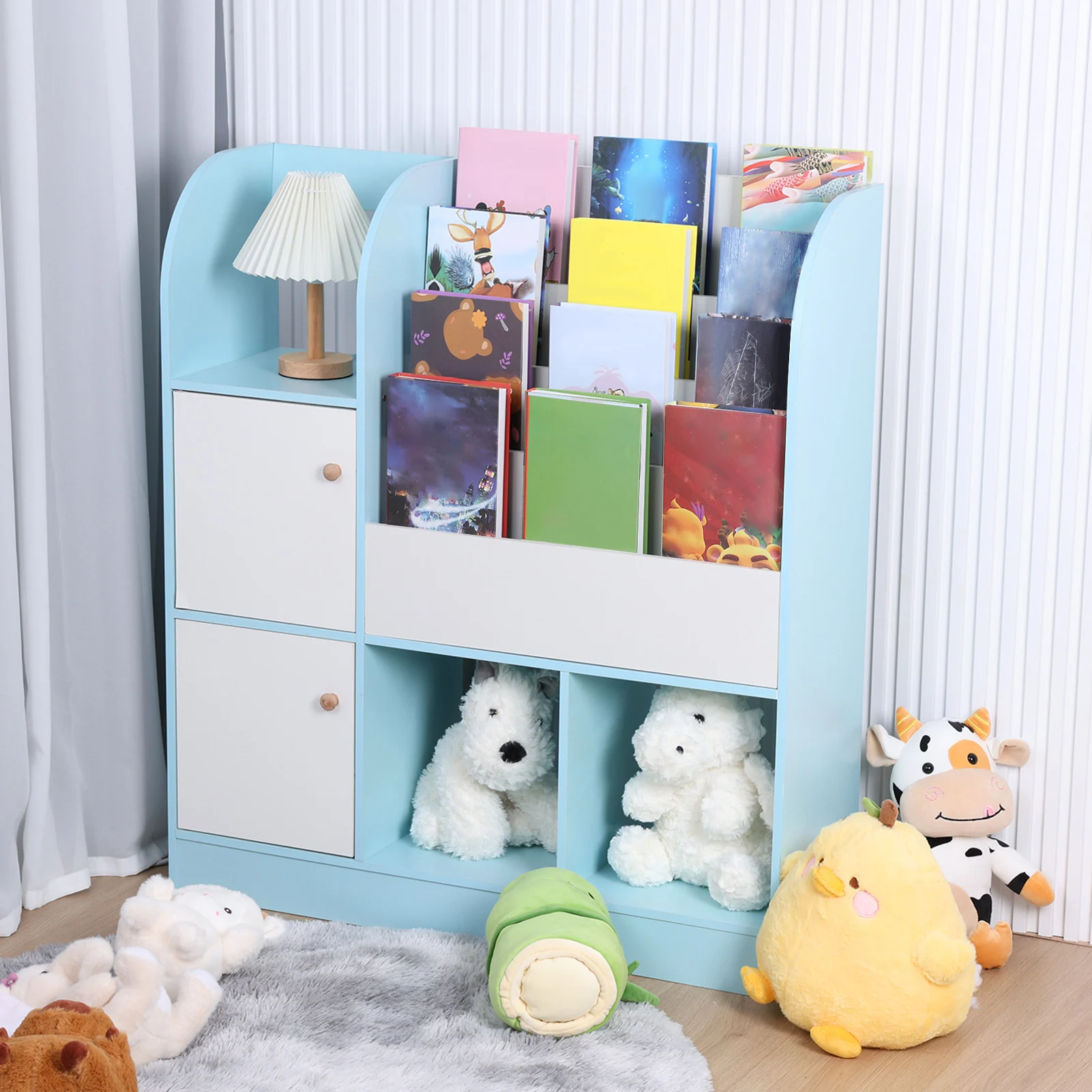 Children's Bookshelf Cartoon Books Rack Floor Simple Child Book Shelf Home Bookcases Furniture Bookshelf Rack 4-Tiers Book Slots 4
