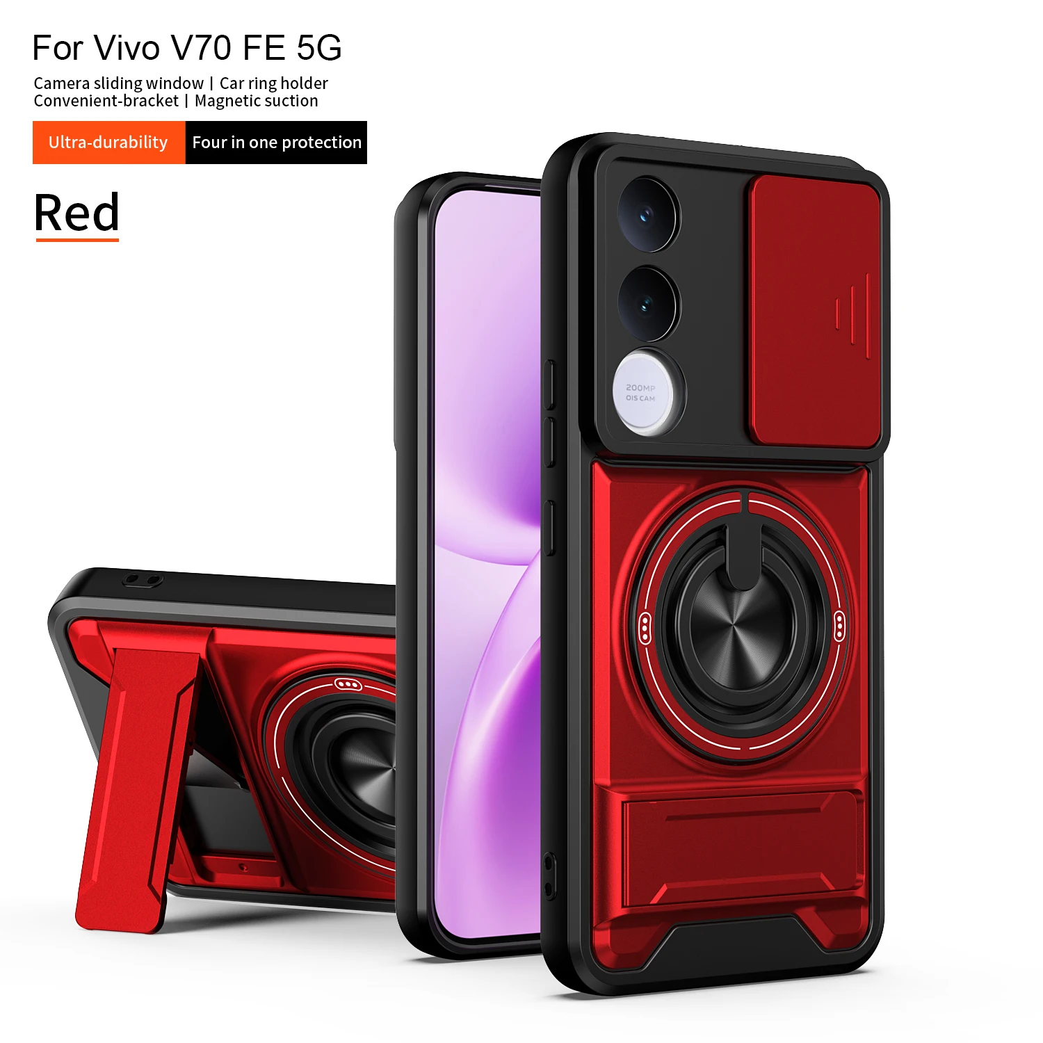 Rugged Shockproof Phone Case with Sliding Camera Cover and Magnetic Ring Kickstand