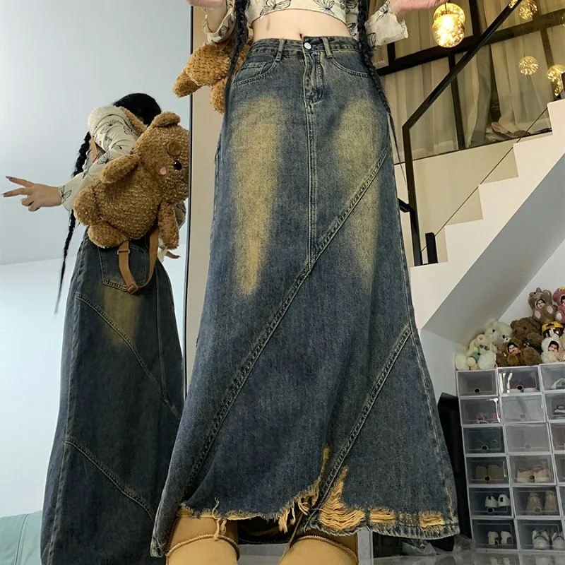 

Y2k High Waist Design Sense Harajuku Long Skirt Autumn Winter Streetwear Vintage Chic Gothic Jupe Denim All-match Mujer Faldas