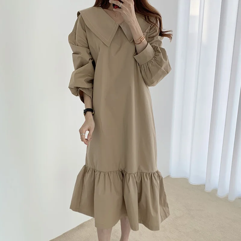 

Dress Female New Style Korean Fashion Navy Collar Skirt Sweet Girl Loose and Thin Long Lantern Sleeve Skirt Autumn and Winter