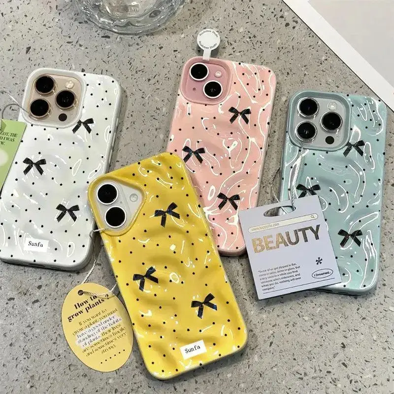 Elegant Black Bow Knot Textured Shockproof Phone Case - Fashionable Soft Cover
