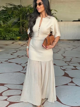Elegant Women Patchwork Long Dress Short Sleeve O Neck Button A-Line Dresses Spring Summer Vintage Beach Vacation Casual Robes 1