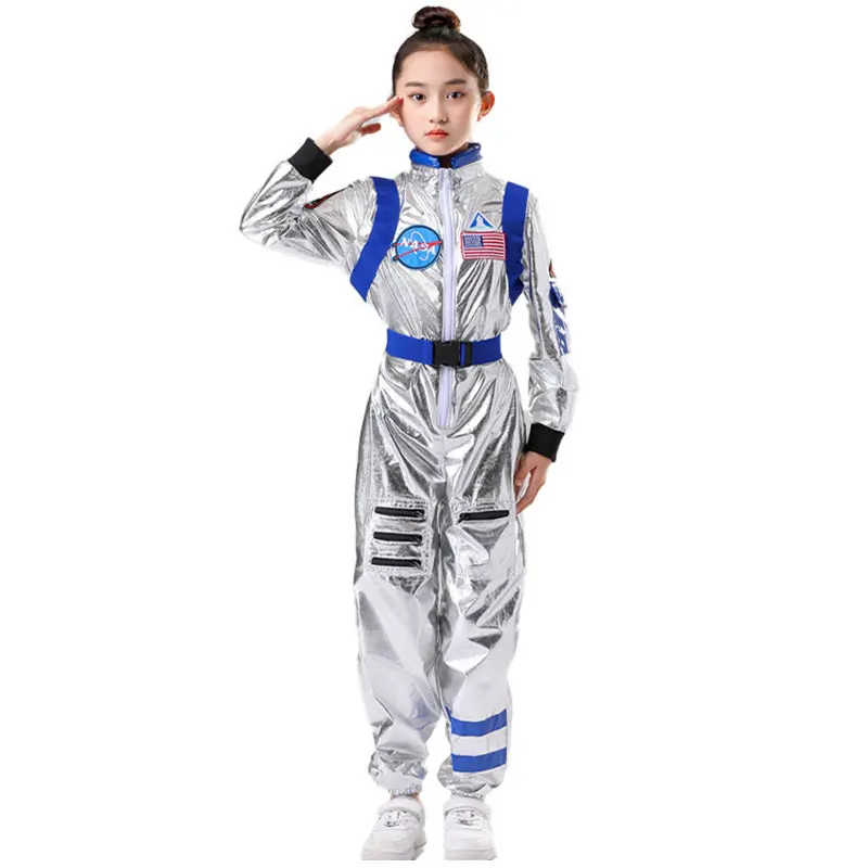 Kids Cosplay Costume Astronaut Silver Jumpsuit Space Themed Party Dress Up for Boys and Girls