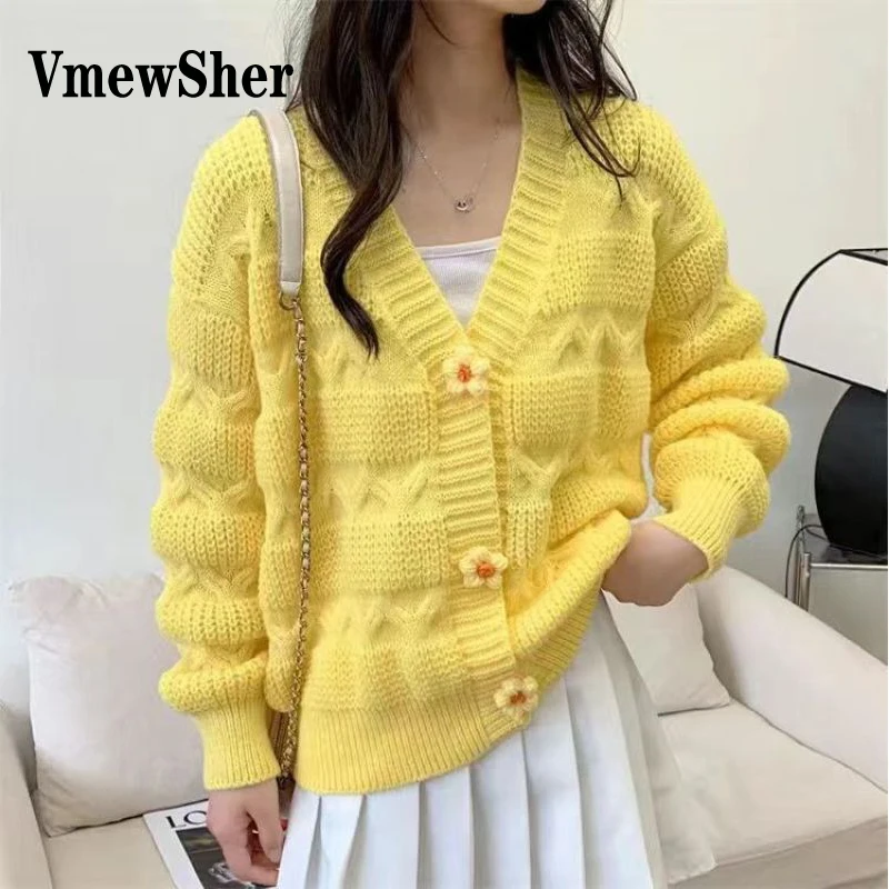 

VmewSher Spring Autumn New Sweet Flower Buttons Fashion Long Sleeve Sweater Cardigan Women Solid Color Casual Knitwear Tops 2023