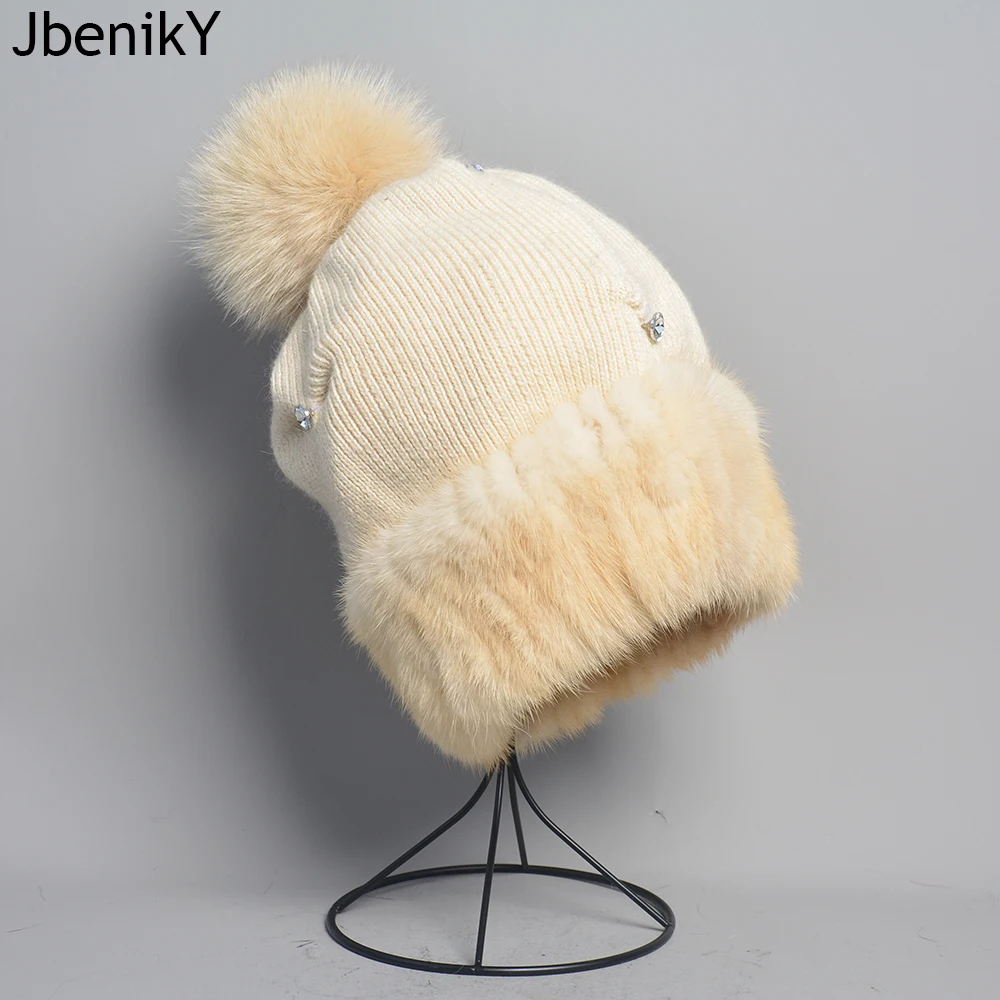 

New Arrival Women's Shiny Diamond Soft Knitted Beanie Hat Fashionable Lady Fox Fur Pom Poms Winter cap With Mink Fur Stripes