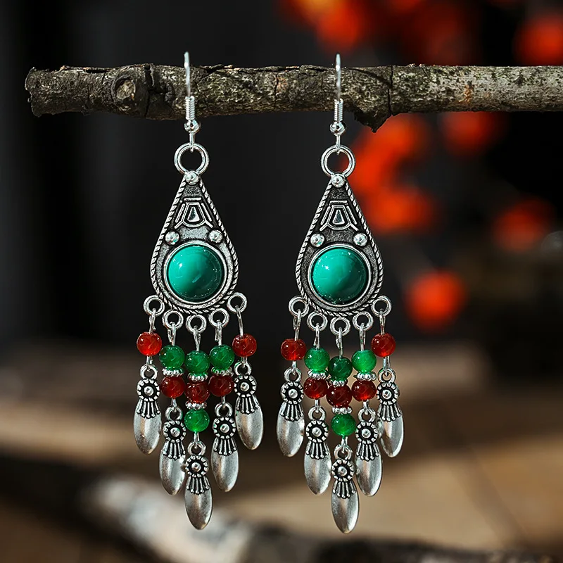 Set 8 Paia Orecchini Pendenti Vintage Boho - Etnici Tibetani Con Gocce In Lega E Acrilico - Per Matrimoni E Feste