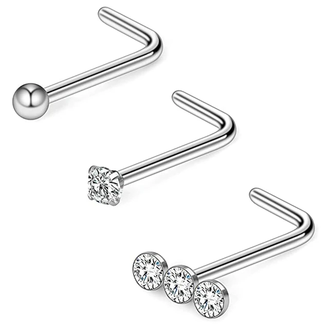 L Shaped Surgical Steel Nose Ring Stud You Choose the Gem Size and Color  20G