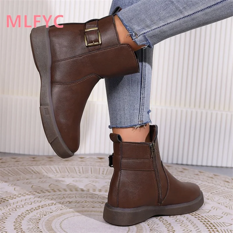 Large Women's Boots 2023 Autumn/Winter New Short Boots Round Toe Flat Bottom Casual Simple Boots Women's Vintage Boots