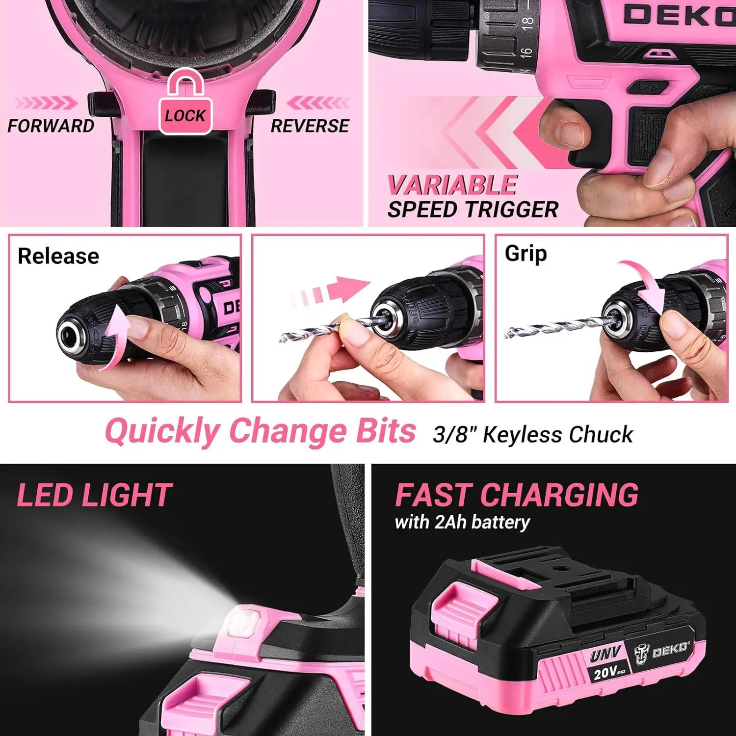 Pink Cordless Power Drill Tool Kit Set with Battery for DIY