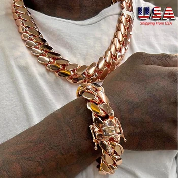 8-22mm Hip Hop Bling Rose Gold Color 316L Stainless Steel Dense Cuban Miami Link Chain Necklaces for Unisex Rapper Jewelry(1PC)
