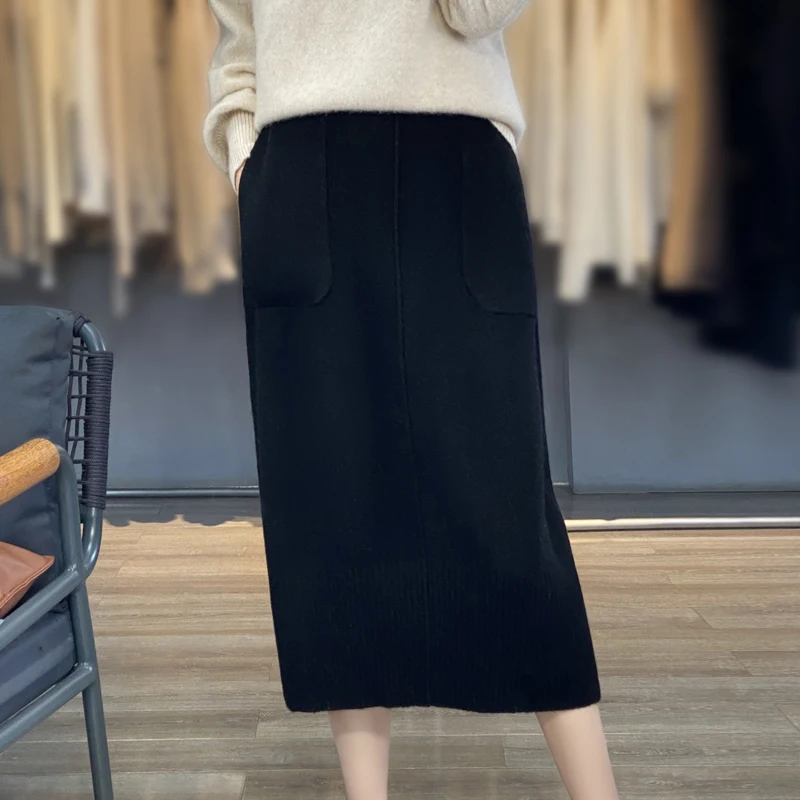 Knitted Cashmere Skirt for Women, Double Pocket, 100% Pure Wool, Commuter Joker, Straight Skirt, Autumn and Winter, New 3