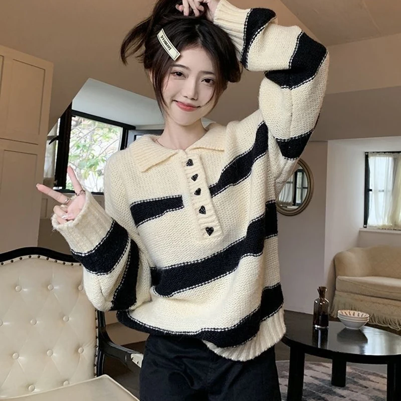 

Rimocy Black and White Stripe Sweater Woman Preppy Style Turn Down Collar Knitted Jumper Woman Heart Button Long Sleeve Sweaters