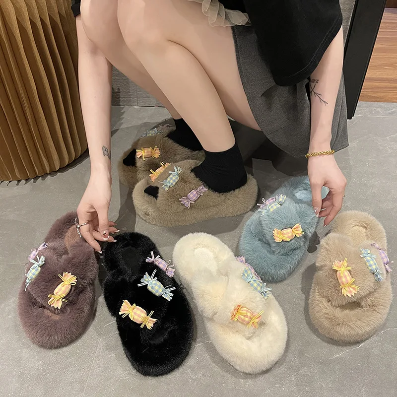 Fluffy Slippers Women Shoes Insect Decor Gold Color Sandals Ladies Flip Flops Furry Winter Luxury Slippers Casual Indoor 2022