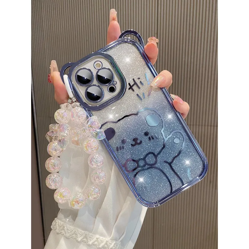 Sparkling Little Bear Bead Pendant Phone Case with Anti-Drop Chain Protection