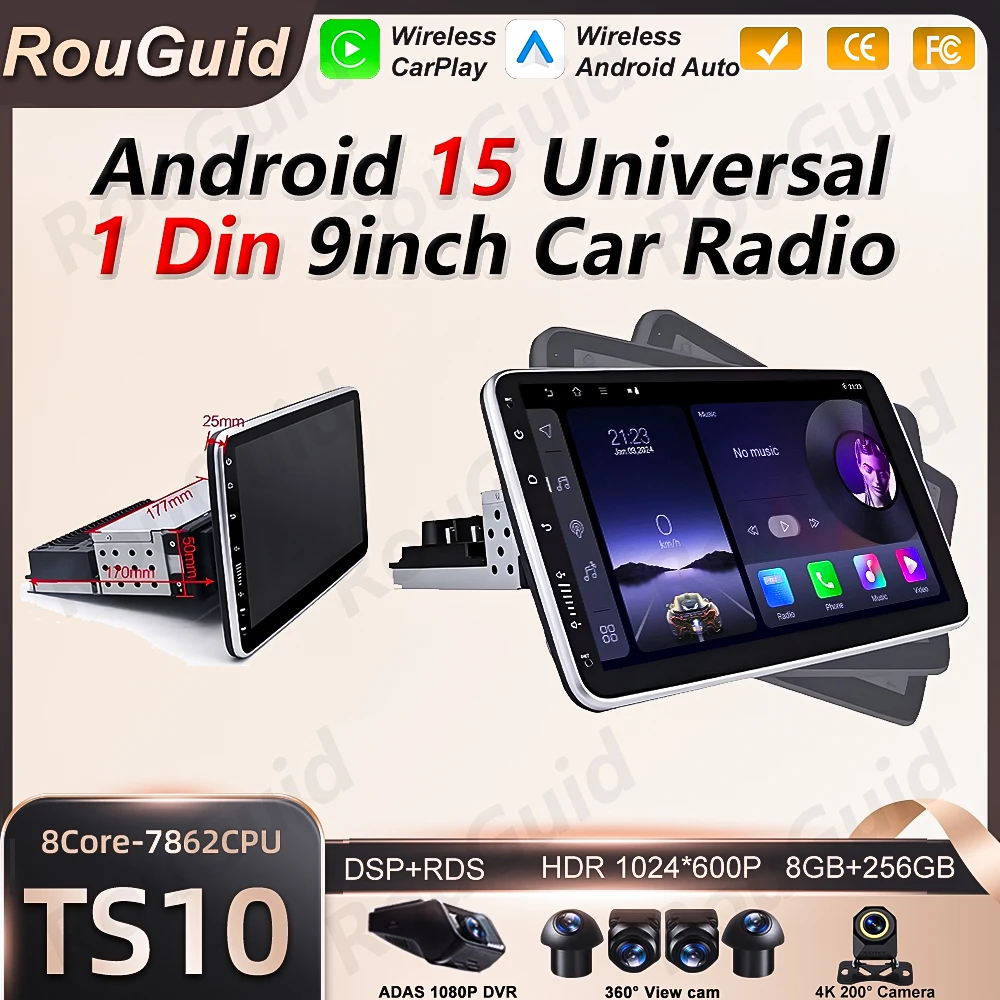 Radio para Auto Android 15 1 DIN Universal de 9/10 Pulgadas con CarPlay, Android Auto, GPS, Reproductor Multimedia, WiFi, QLED y Bluetooth 1