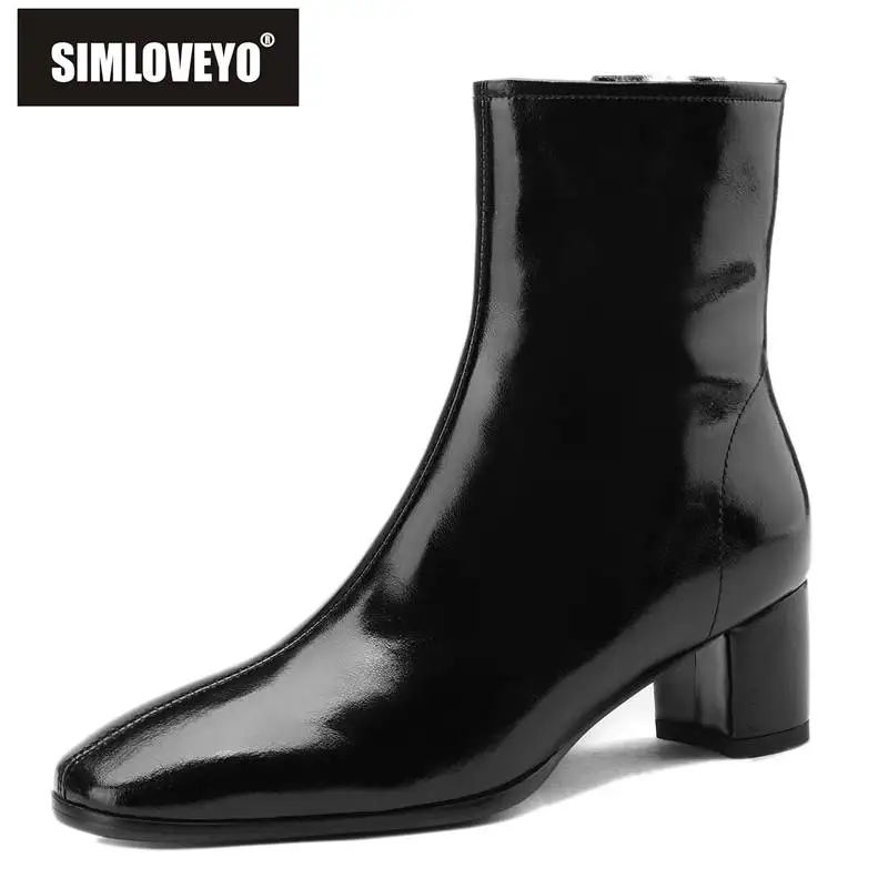 

SIMLOVEYO офисные женские теплые ботинки из коровьей кожи на массивном каблуке 5 см молния Плюшевые Пушистые Бриджи 42 43 Классические Женские однотонные ботинки