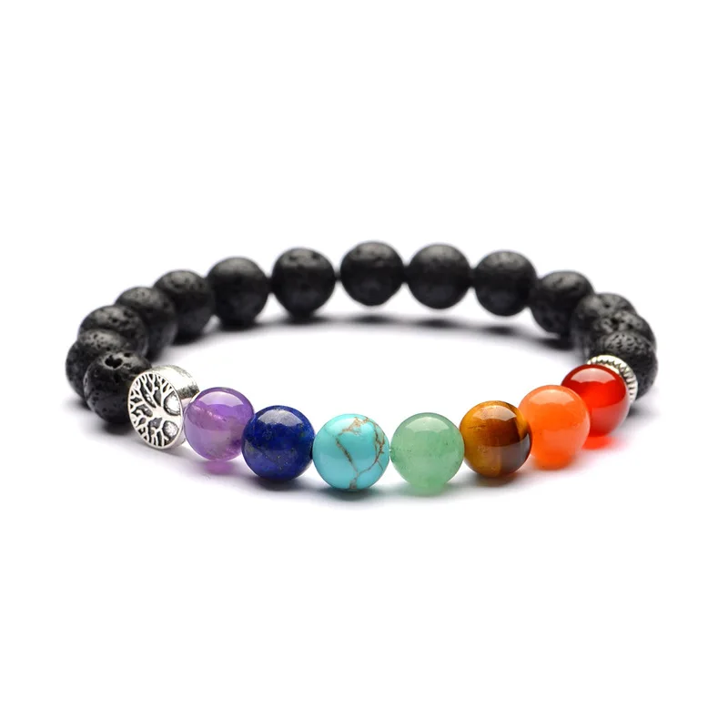 

15pcs Tree of life Charms Seven Chakras 8mm Lava Stone Beads Bracelets DIY Essential Oil Diffuser Bracelet Buddha Yoga Jewelry