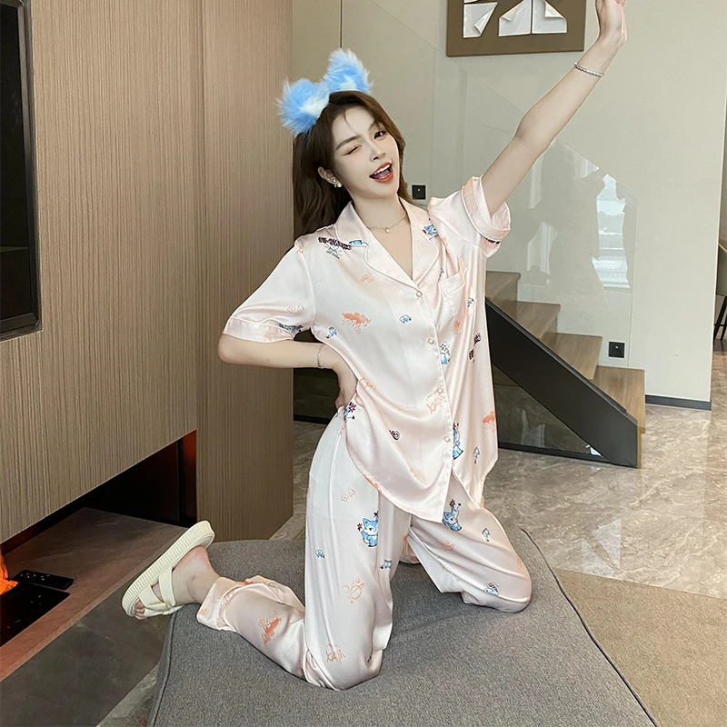 

Женская домашняя одежда, шорты с коротким рукавом и длинные штаны, пижамный комплект, мягкая ночная рубашка, комплект из двух предметов, мягкая домашняя одежда