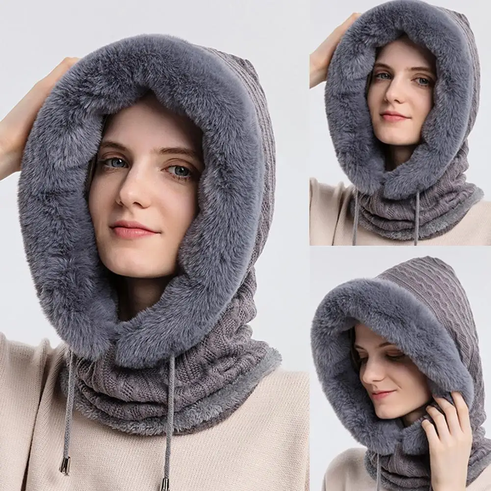 Winter Fur Cap Mask Set Hooded for Women Knitted Cashmere Neck Warm Balaclava Ski Windproof Hat Thick Plush Fluffy_voghion.com