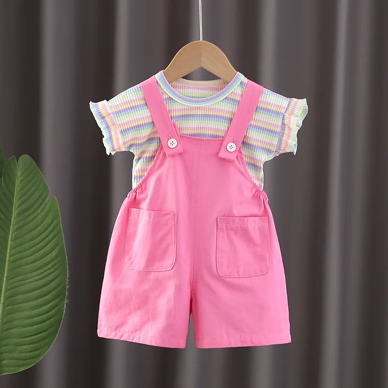 

Детская летняя одежда для малышей 2024, корейская мода, футболки с круглым вырезом и короткими рукавами в полоску и комбинезоны, комплект эксклюзивной одежды для девочек
