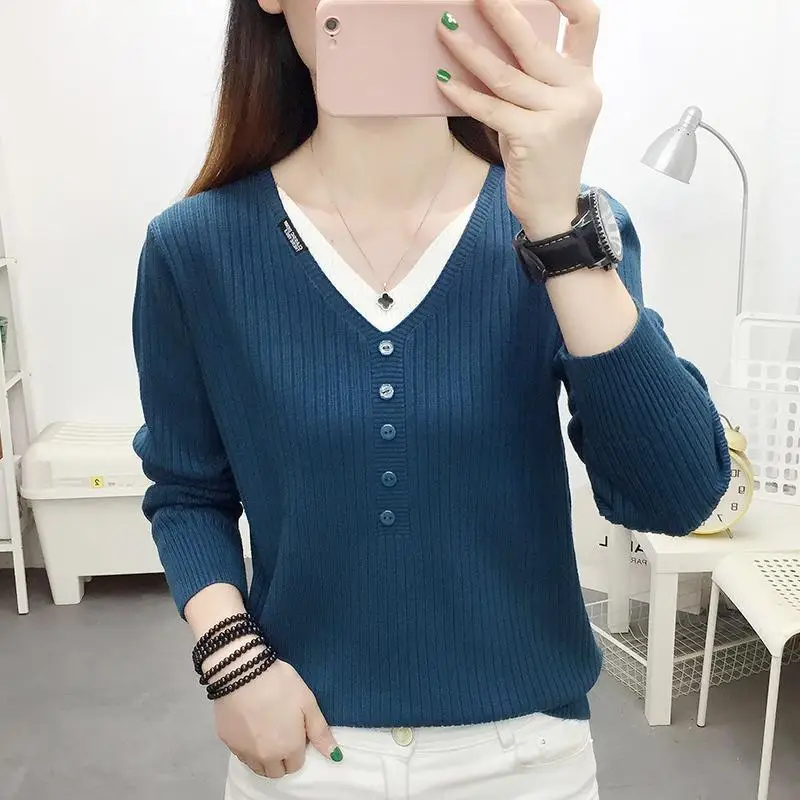

Korean Simple Casual Temperament Fake Two Piece V-Neck Long Sleeve Knit Women's Autumn New Solid Button Loose Versatile Sweater