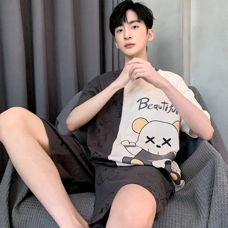 2 Sets of Men's Pajamas Set of Knitted Cotton Students Homewear Short-Sleeved Shorts Cartoon Top Shorts Sleepwear Loungewear
